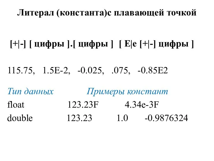 Литерал (константа)с плавающей точкой [+|-] [ цифры ].[ цифры ] [