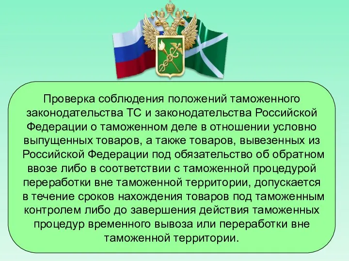 Проверка соблюдения положений таможенного законодательства ТС и законодательства Российской Федерации о