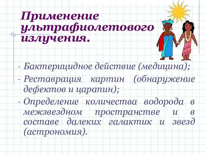 Применение ультрафиолетового излучения. Бактерицидное действие (медицина); Реставрация картин (обнаружение дефектов и