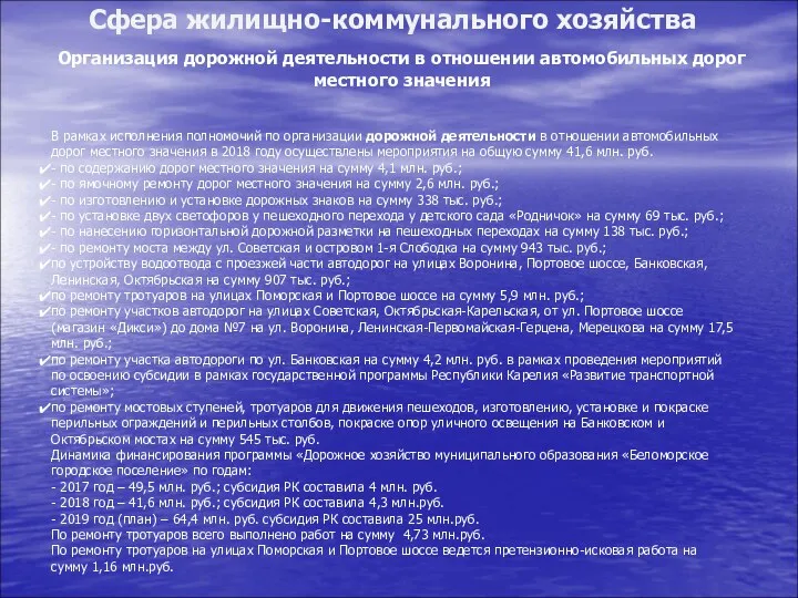 Сфера жилищно-коммунального хозяйства Организация дорожной деятельности в отношении автомобильных дорог местного