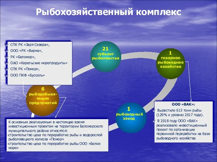 Рыбохозяйственный комплекс 6 рыбодобыва-ющих предприятий 21 субъект рыболовства 1 товарное рыбоводное