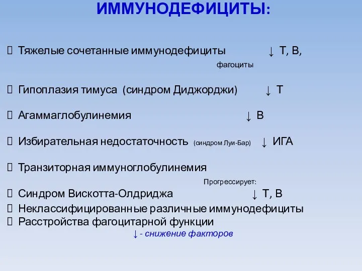 ИММУНОДЕФИЦИТЫ: Тяжелые сочетанные иммунодефициты ↓ Т, В, фагоциты Гипоплазия тимуса (синдром