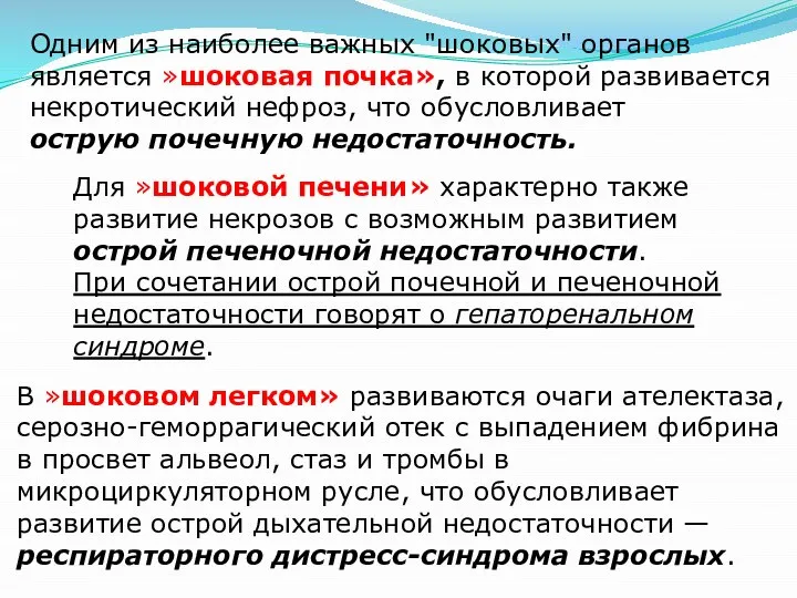 Одним из наиболее важных "шоковых" органов является »шоковая почка», в которой