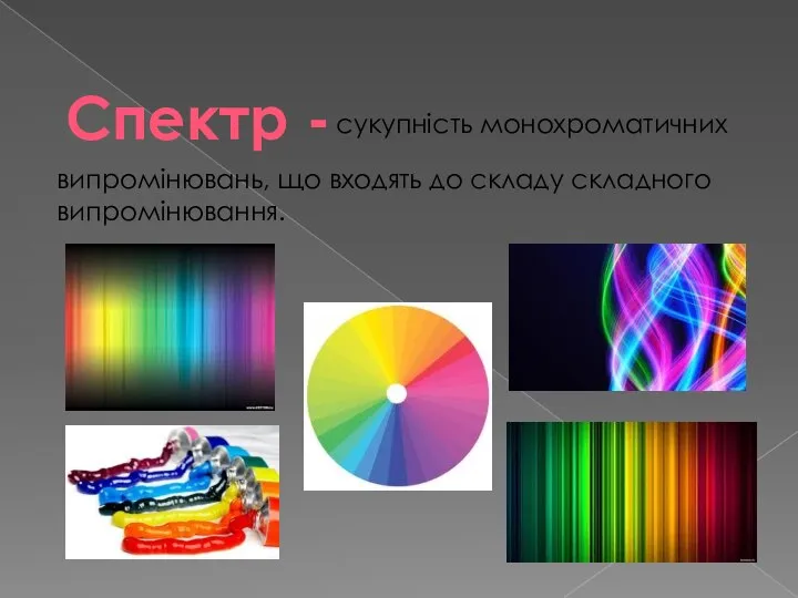 Спектр - сукупність монохроматичних випромінювань, що входять до складу складного випромінювання.