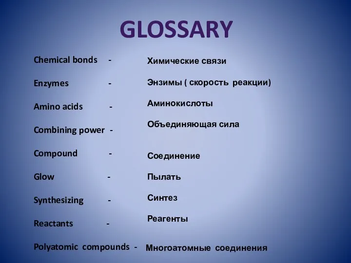 GLOSSARY Chemical bonds - Enzymes - Amino acids - Combining power