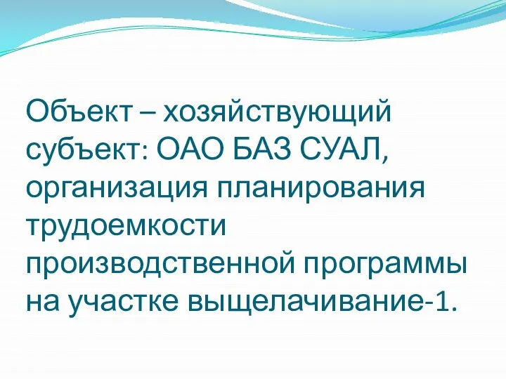 Объект – хозяйствующий субъект: ОАО БАЗ СУАЛ, организация планирования трудоемкости производственной программы на участке выщелачивание-1.