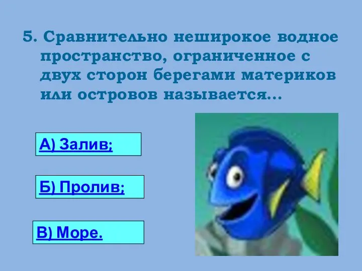 5. Сравнительно неширокое водное пространство, ограниченное с двух сторон берегами материков