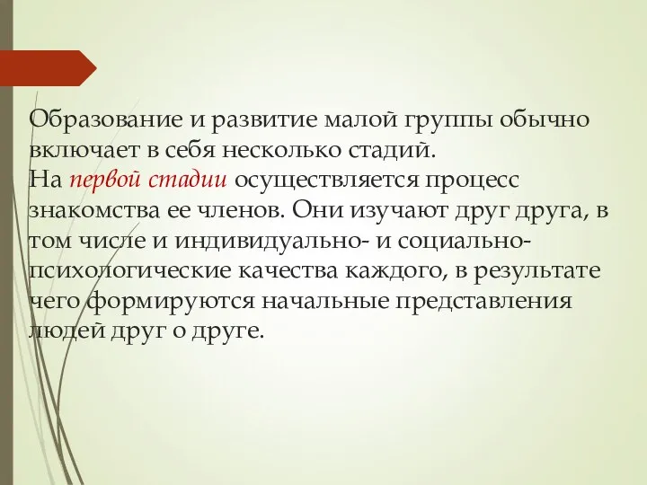 Образование и развитие малой группы обычно включает в себя несколько стадий.