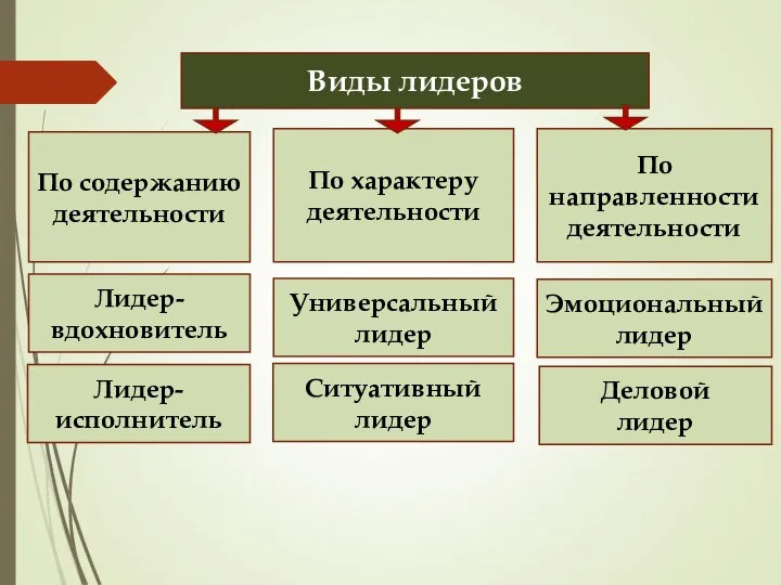 Виды лидеров По содержанию деятельности По направленности деятельности По характеру деятельности