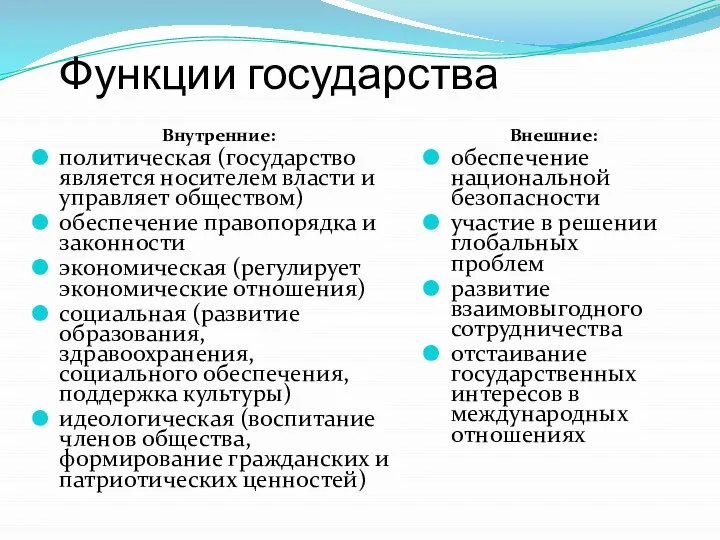 Функции государства Внутренние: политическая (государство является носителем власти и управляет обществом)