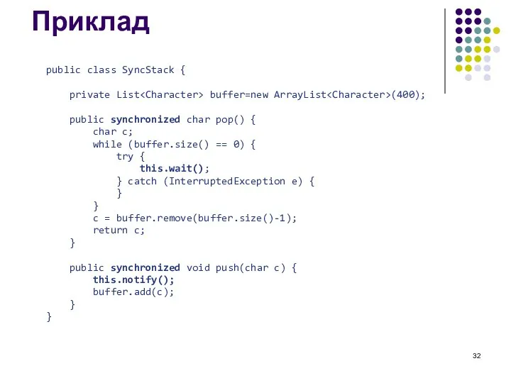 Приклад public class SyncStack { private List buffer=new ArrayList (400); public