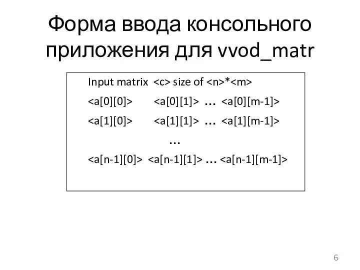 Форма ввода консольного приложения для vvod_matr Input matrix size of * … … … …