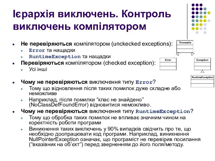 Ієрархія виключень. Контроль виключень компілятором Не перевіряються компілятором (unckecked exceptions): Error