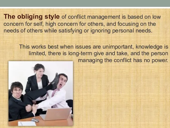 The obliging style of conflict management is based on low concern