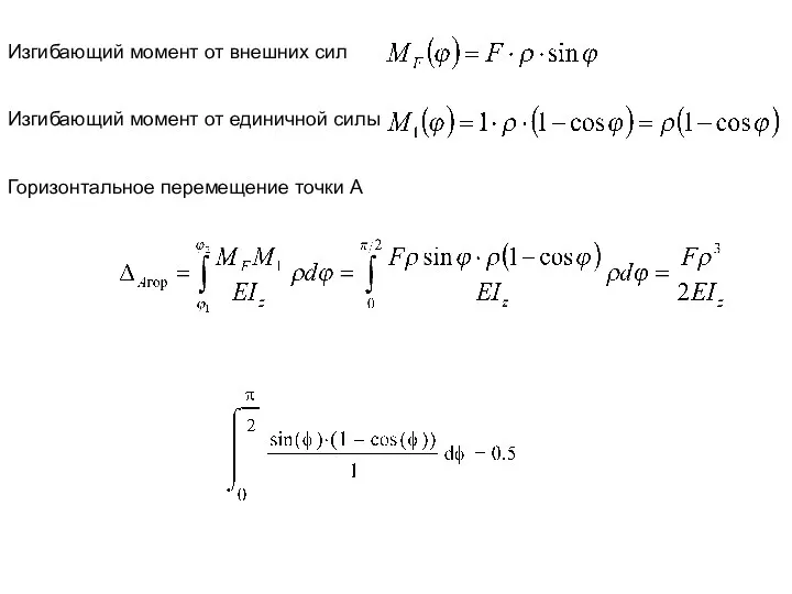 Изгибающий момент от внешних сил Изгибающий момент от единичной силы Горизонтальное перемещение точки А