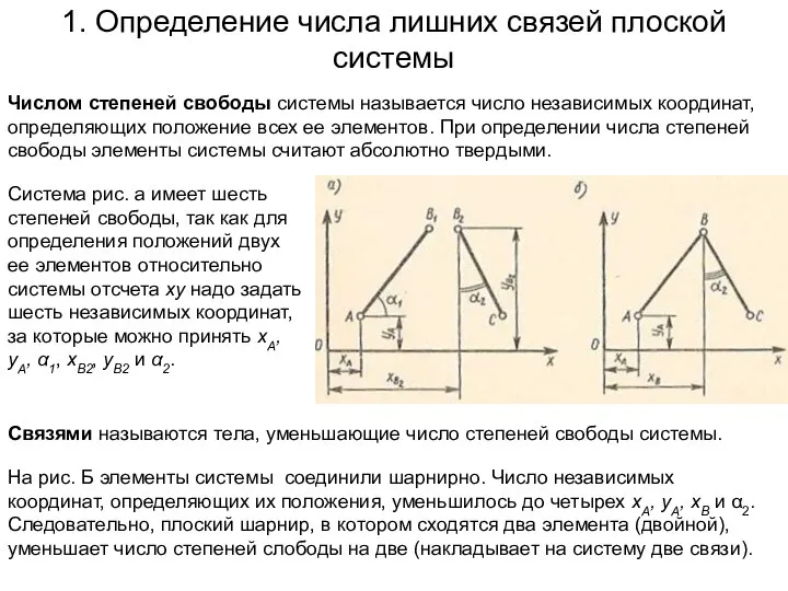 1. Определение числа лишних связей плоской системы Числом степеней свободы системы