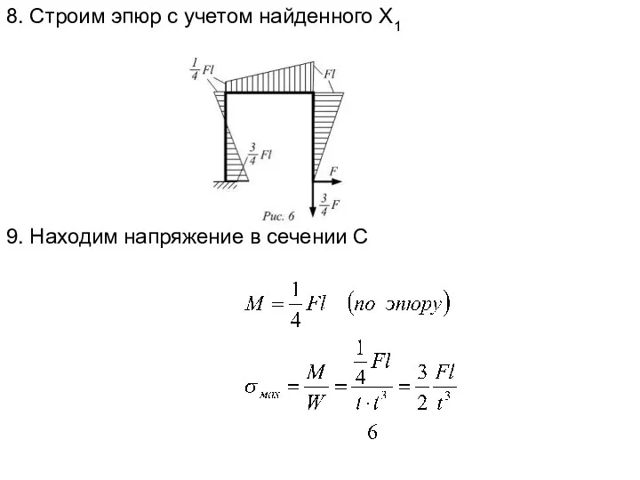 8. Строим эпюр с учетом найденного X1 9. Находим напряжение в сечении С