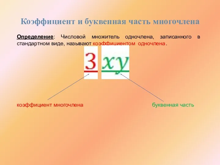 Коэффициент и буквенная часть многочлена Определение: Числовой множитель одночлена, записанного в