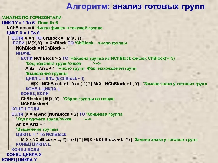 Алгоритм: анализ готовых групп 'АНАЛИЗ ПО ГОРИЗОНТАЛИ ЦИКЛ Y = 1