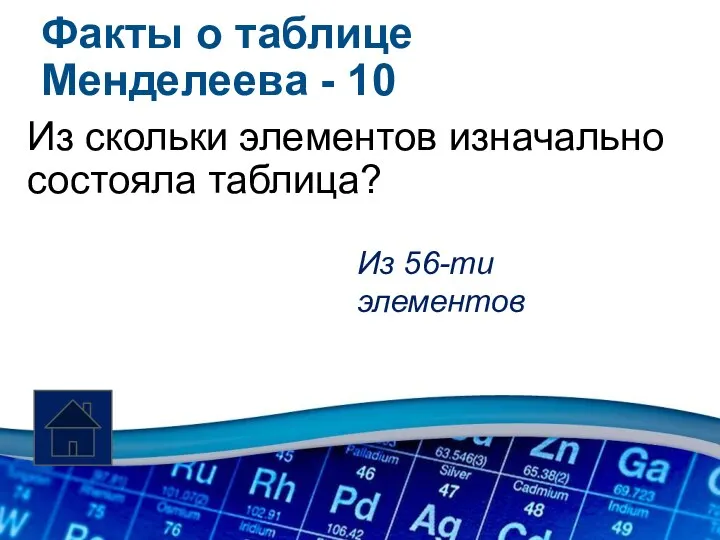 Факты о таблице Менделеева - 10 Из скольки элементов изначально состояла таблица? Из 56-ти элементов