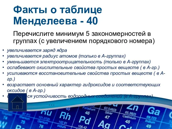 Факты о таблице Менделеева - 40 Перечислите минимум 5 закономерностей в