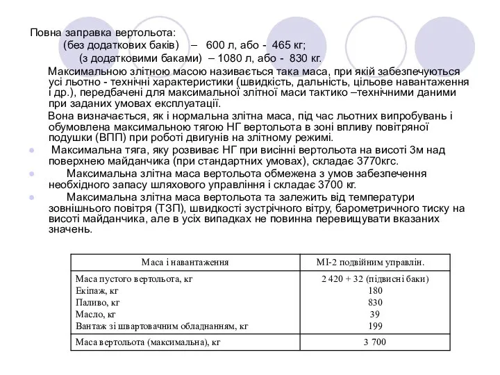 Повна заправка вертольота: (без додаткових баків) – 600 л, або -