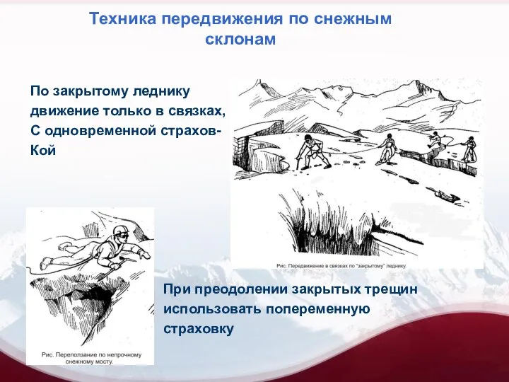 Техника передвижения по снежным склонам По закрытому леднику движение только в