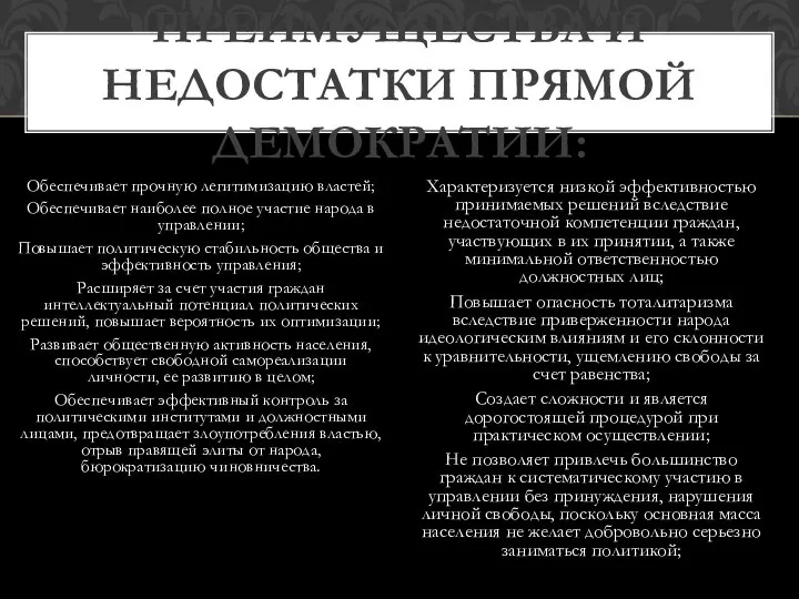 Обеспечивает прочную легитимизацию властей; Обеспечивает наиболее полное участие народа в управлении;