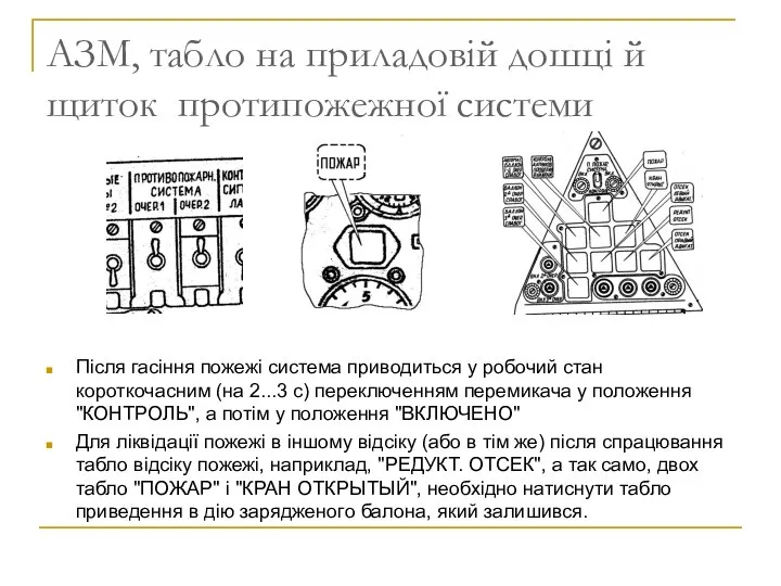 АЗМ, табло на приладовій дошці й щиток протипожежної системи Після гасіння