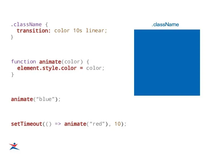.className { transition: color 10s linear; } function animate(color) { element.style.color
