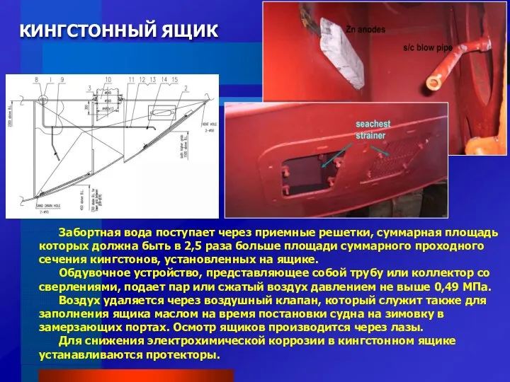 КИНГСТОННЫЙ ЯЩИК Забортная вода поступает через приемные решетки, суммарная площадь которых