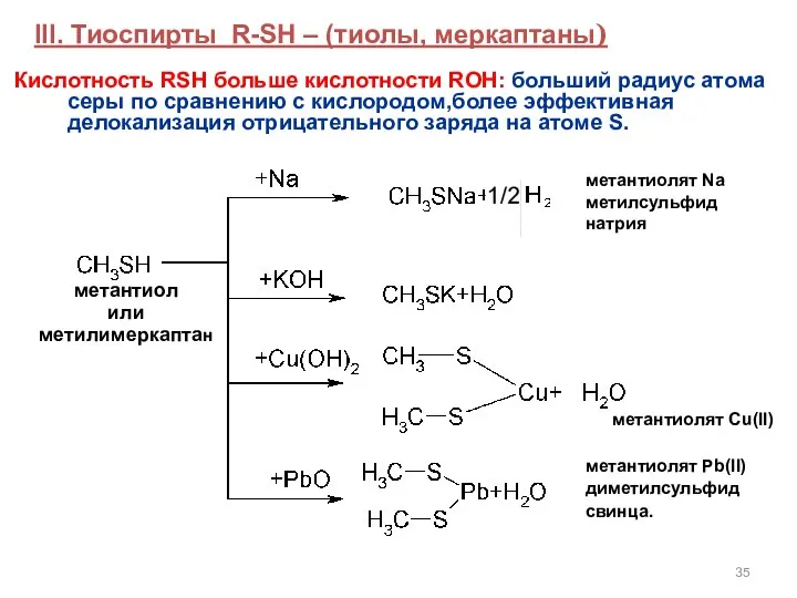 III. Тиоспирты R-SH – (тиолы, меркаптаны) метантиол или метилимеркаптан метантиолят Na