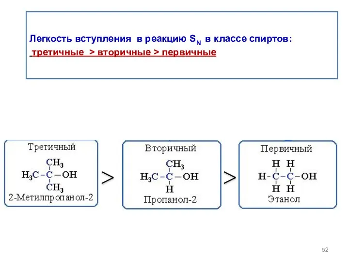Легкость вступления в реакцию SN в классе спиртов: третичные > вторичные > первичные