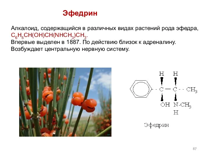 Эфедрин Алкалоид, содержащийся в различных видах растений рода эфедра, C6H5CH(OH)CH(NHCH3)CH3. Впервые