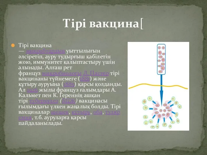 Тірі вакцина — микробтардың уыттылығын әлсіретіп, ауру тудырғыш қабілетін жою, иммунитет