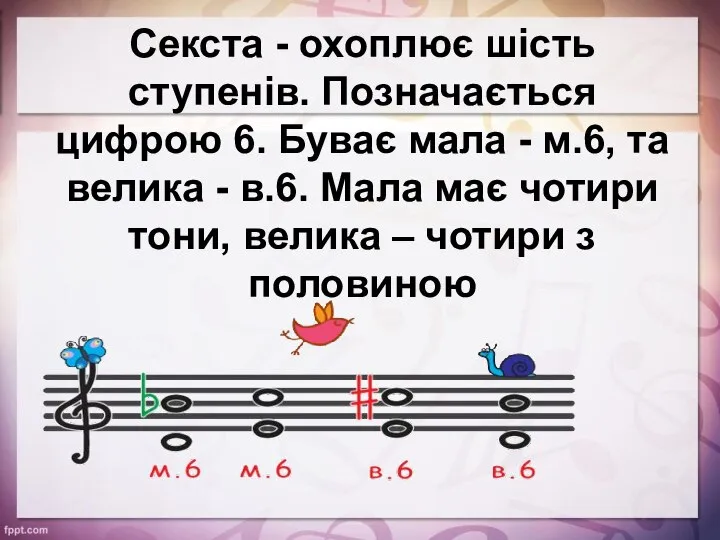 Секста - охоплює шість ступенів. Позначається цифрою 6. Буває мала -