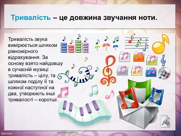 Тривалість – це довжина звучання ноти. Тривалість звука вимірюється шляхом рівномірного