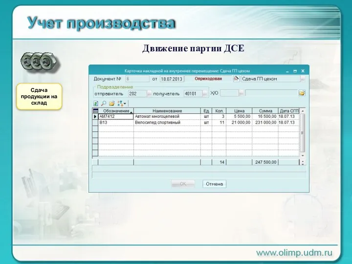 Учет производства Движение партии ДСЕ Сдача продукции на склад