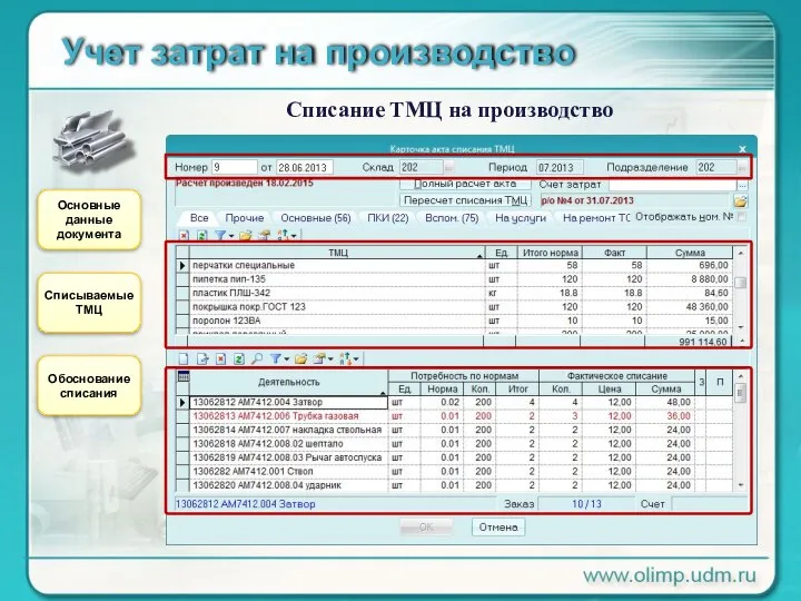 Учет затрат на производство Списание ТМЦ на производство Основные данные документа Списываемые ТМЦ Обоснование списания