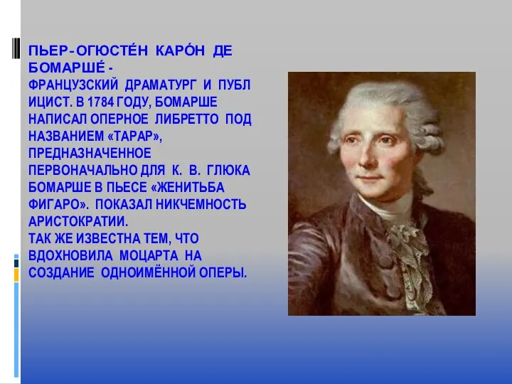 ПЬЕР-ОГЮСТЕ́Н КАРО́Н ДЕ БОМАРШЕ́ -ФРАНЦУЗСКИЙ ДРАМАТУРГ И ПУБЛИЦИСТ. В 1784 ГОДУ,