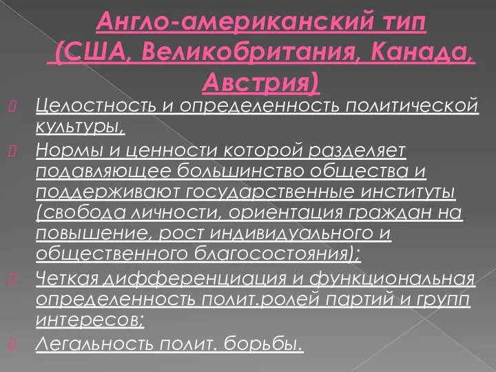 Англо-американский тип (США, Великобритания, Канада, Австрия) Целостность и определенность политической культуры,