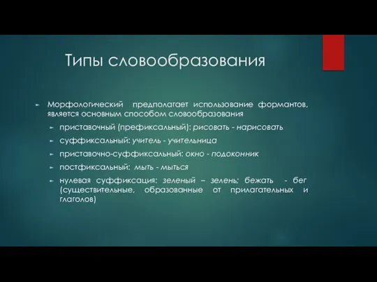 Типы словообразования Морфологический предполагает использование формантов, является основным способом словообразования приставочный