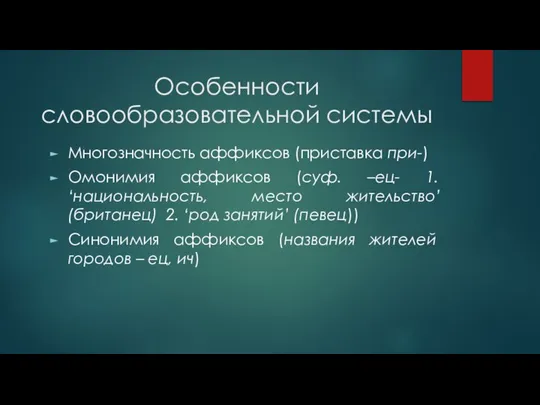 Особенности словообразовательной системы Многозначность аффиксов (приставка при-) Омонимия аффиксов (суф. –ец-