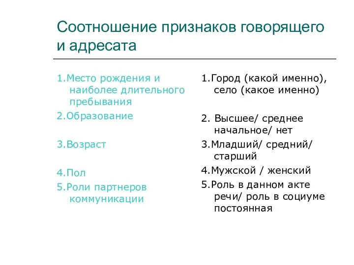 Соотношение признаков говорящего и адресата 1.Место рождения и наиболее длительного пребывания