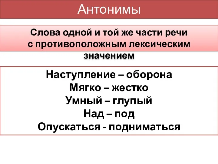 Антонимы Слова одной и той же части речи с противоположным лексическим