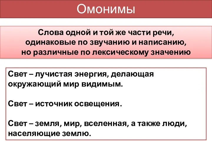 Омонимы Слова одной и той же части речи, одинаковые по звучанию