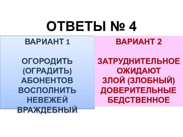 ОТВЕТЫ № 4 ВАРИАНТ 1 ОГОРОДИТЬ (ОГРАДИТЬ) АБОНЕНТОВ ВОСПОЛНИТЬ НЕВЕЖЕЙ ВРАЖДЕБНЫЙ