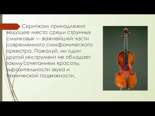 Скрипкам принадлежит ведущее место среди струнных смычковых — важнейшей части современного