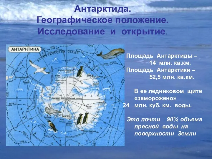 Антарктида. Географическое положение. Исследование и открытие. Площадь Антарктиды – 14 млн.