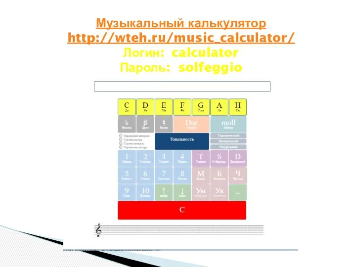 Музыкальный калькулятор http://wteh.ru/music_calculator/ Логин: calculator Пароль: solfeggio